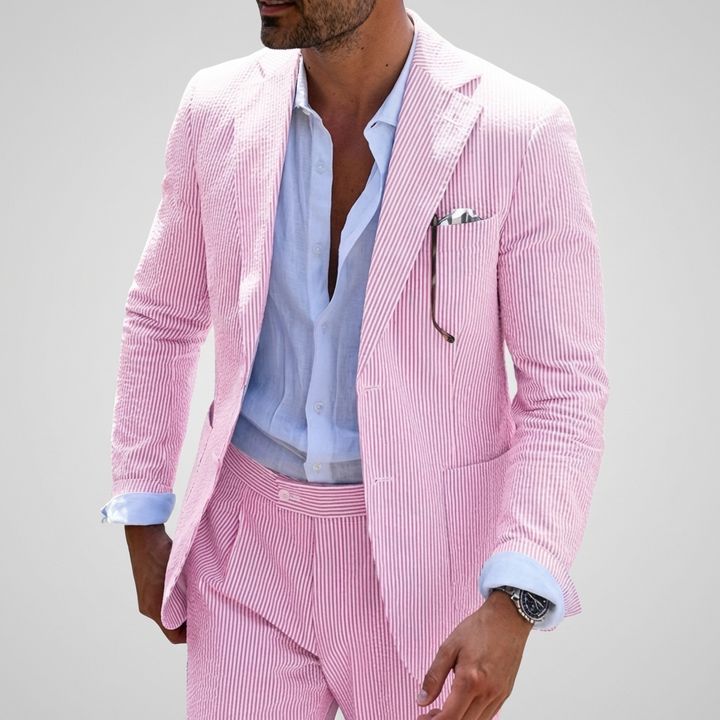 Elegant men's pinstripe slim fit summer suit. Perfect for wedding guests, business meetings, or formal events.