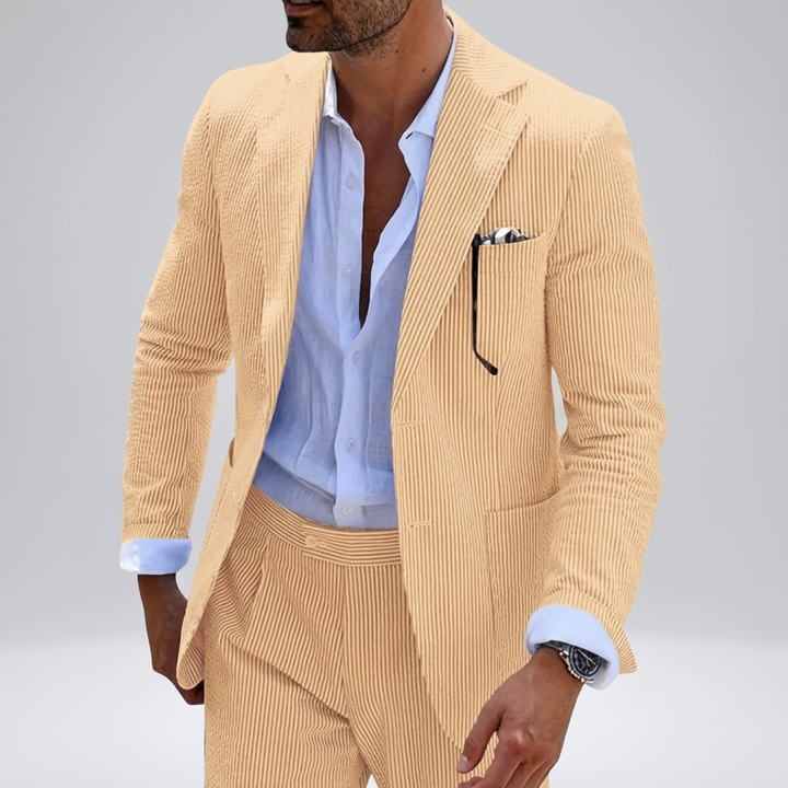 Modern men's two-piece summer suit featuring a sharp pinstripe pattern & comfortable slim fit style.