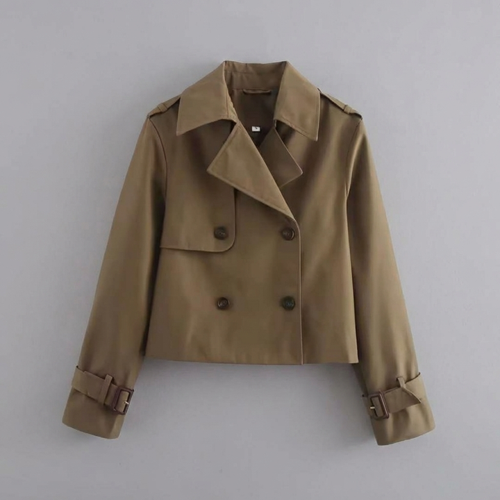 Versatile women's cropped trench coat with chic double buttons. A perfect light layer & stylish outerwear for spring/fall.