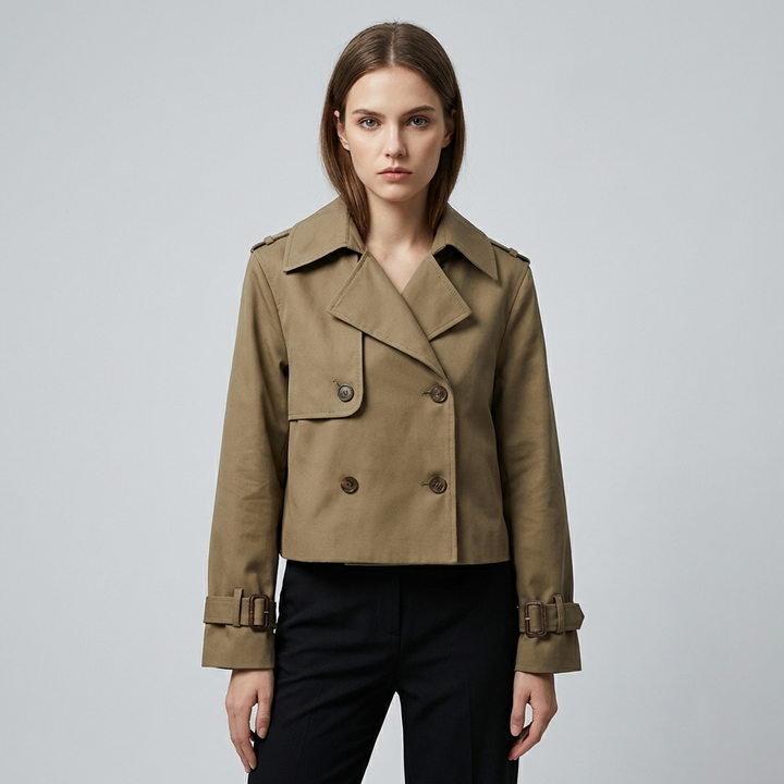 Chic women's cropped trench coat with stylish double buttons, perfect for spring and fall outerwear.