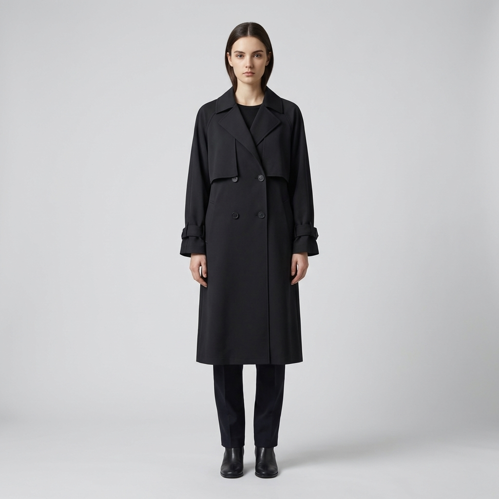 Elegant women's long trench coat with classic belted design, double-breasted buttons, perfect for fall and spring fashion.