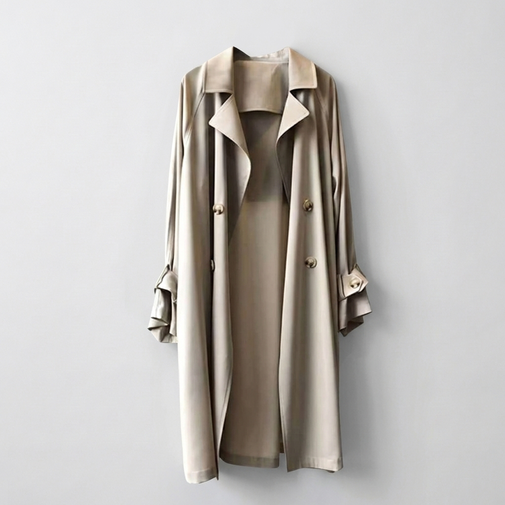 Stylish women's long trench coat in a chic, elegant design, suitable for transitional spring & fall weather, a wardrobe essential.