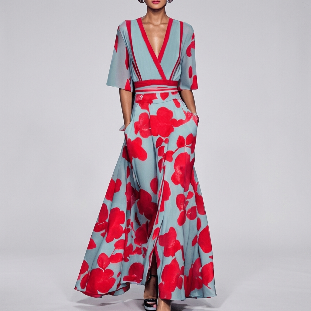 Beautiful women's floral print V-neck maxi dress. Ideal for elegant summer events, parties, or beach vacations.