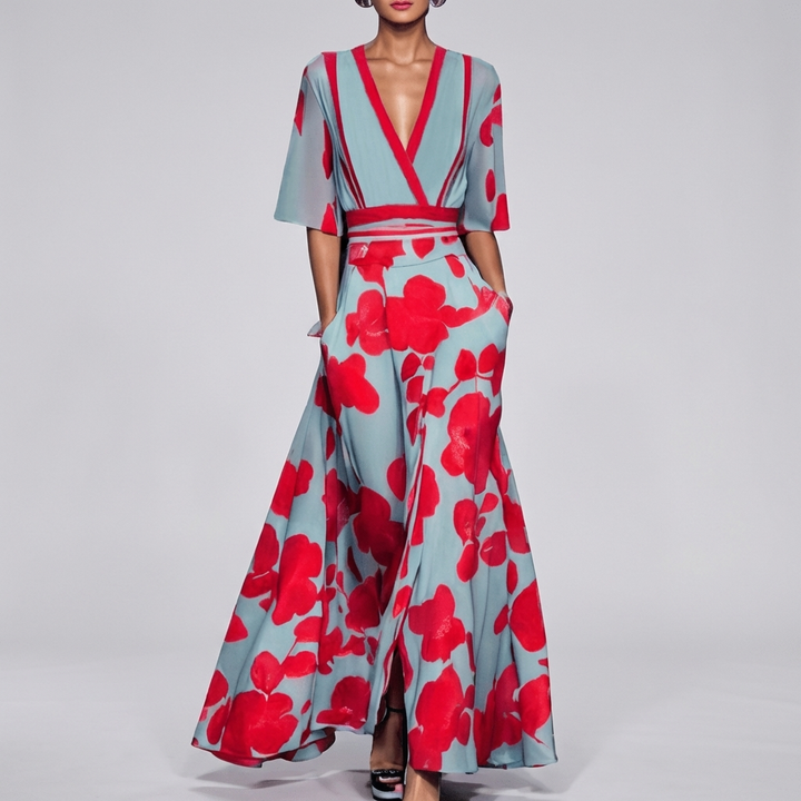 Beautiful women's floral print V-neck maxi dress. Ideal for elegant summer events, parties, or beach vacations.