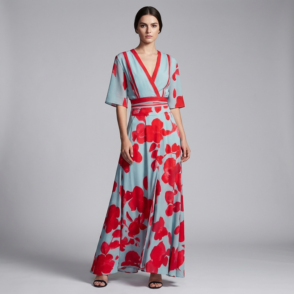 Elegant women's floral V-neck maxi dress, perfect for summer parties, vacations, or casual events.