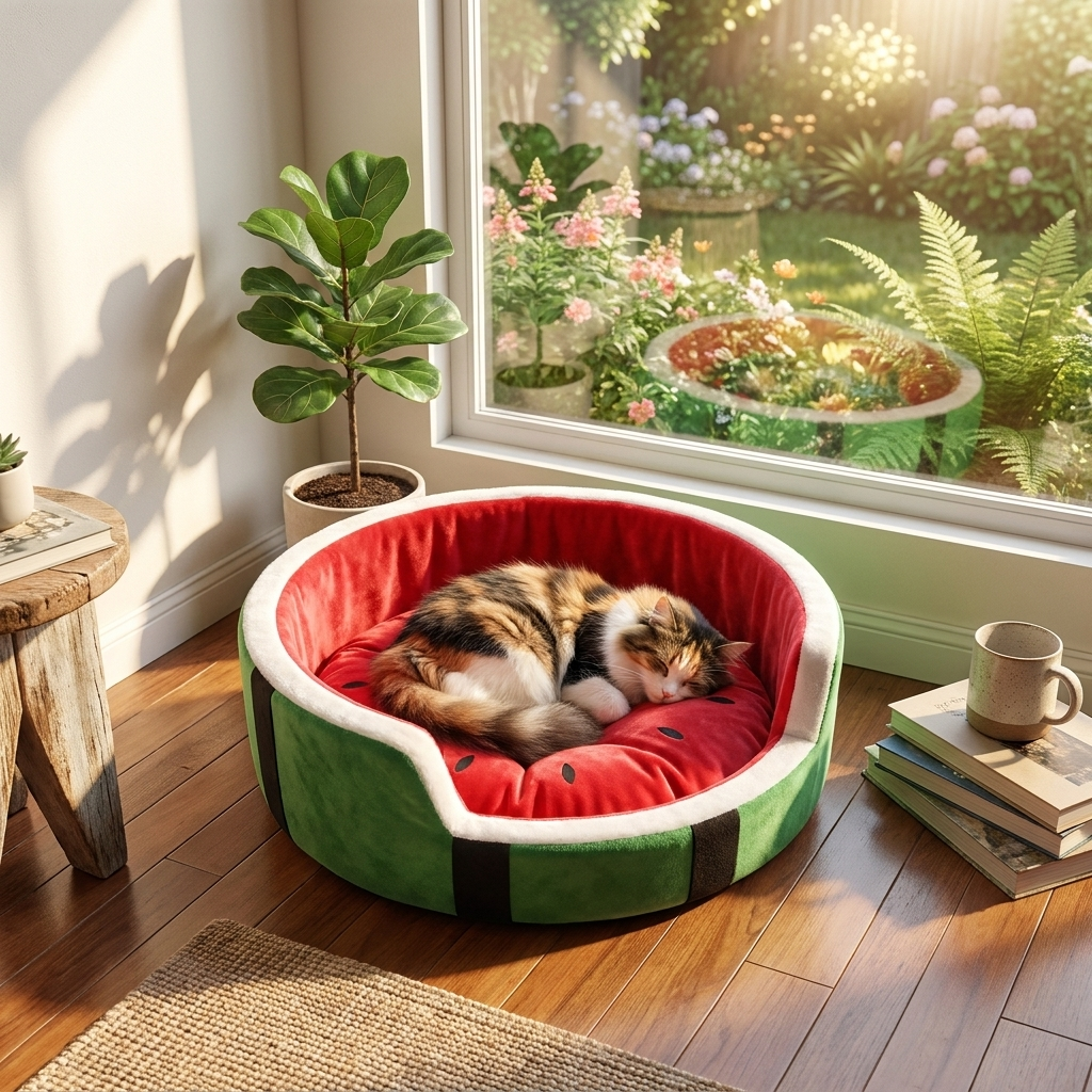 Cozy cat's watermelon slice lounge bed, soft and plush, perfect for naps and small pets. Unique animal furniture.