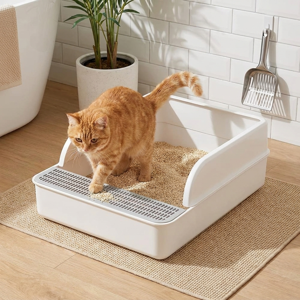High-sided cat litter tray prevents mess. Easy-clean litter box for superior cat hygiene & odor control. Pet supplies.
