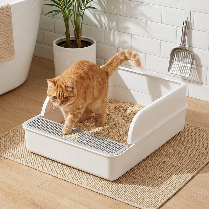 High-sided cat litter tray prevents mess. Easy-clean litter box for superior cat hygiene & odor control. Pet supplies.