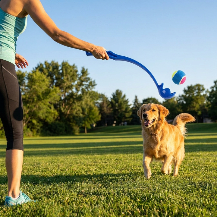 Unisex dog ball launcher for exciting fetch, promoting outdoor play & exercise for happy pets. Slobber-free fun.