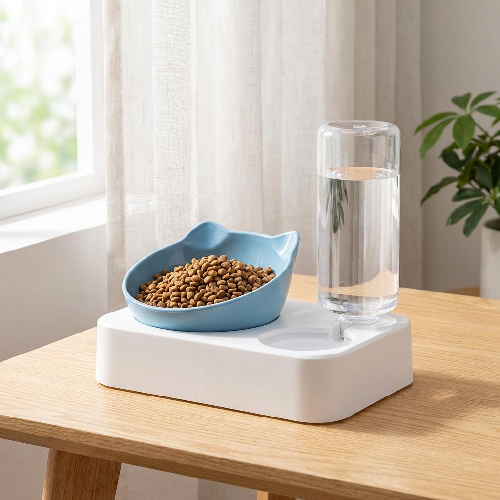 Elevated anti-vomiting cat bowl with automatic water dispenser for healthy digestion & hydration, ideal pet feeder.