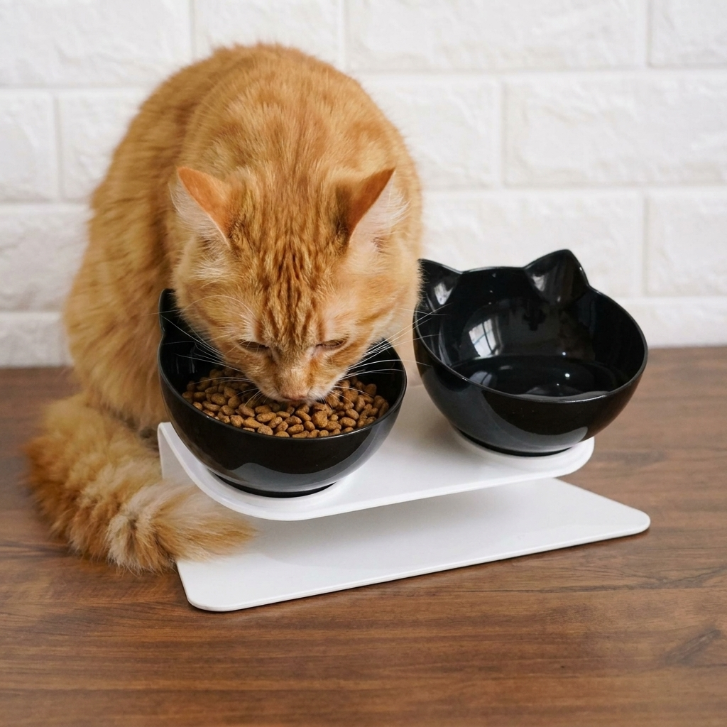 Elevated double cat bowls for healthy eating, anti-vomiting design. Promotes digestion and neck comfort for cats.