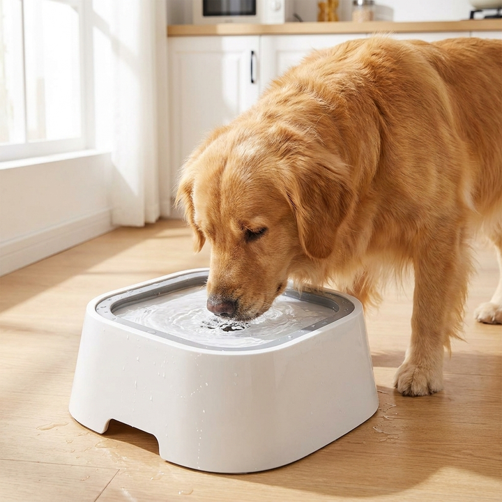 Black spill-proof dog water bowl for mess-free hydration at home, keeping floors clean & dry.