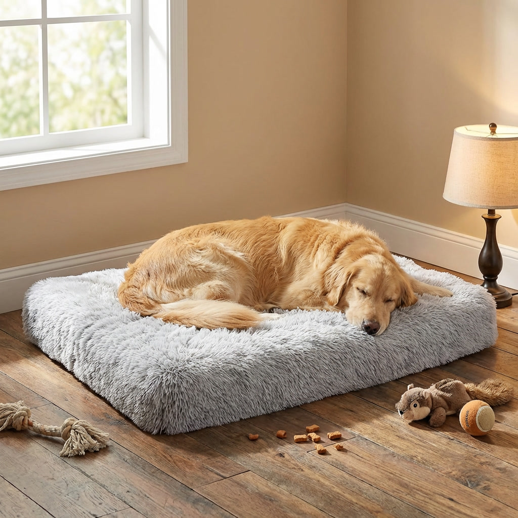 Unisex pet calming memory foam dog bed for anti-anxiety relief. Orthopedic support for better sleep. Removable cover.