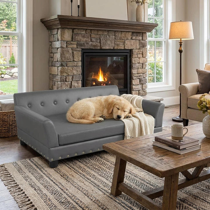 Luxury elevated leather dog sofa with joint support, perfect for senior large dogs. Stylish pet comfort.