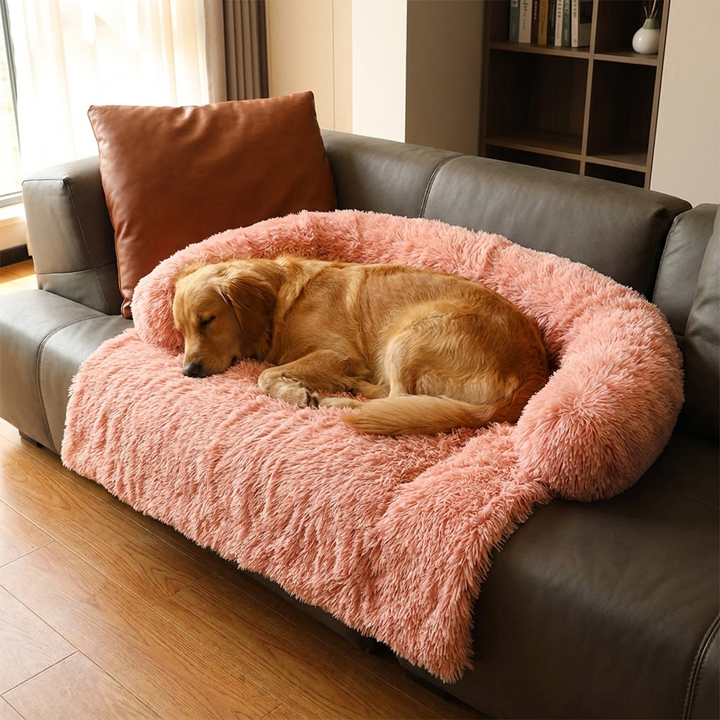 Plush faux fur dog calming sofa bed for anxiety relief. Comfortable, washable pet bed for small to large dogs.