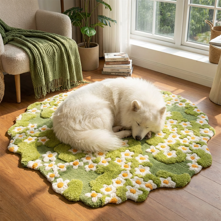 Stylish Daisy Blossom decorative area rug, floral pattern, pet-friendly & durable. Perfect for living room or bedroom decor.