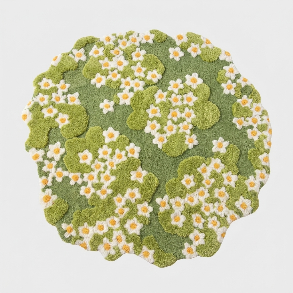 Handcrafted daisy floral mat, nature-inspired design. A decorative, pet-friendly area rug for modern home styling.