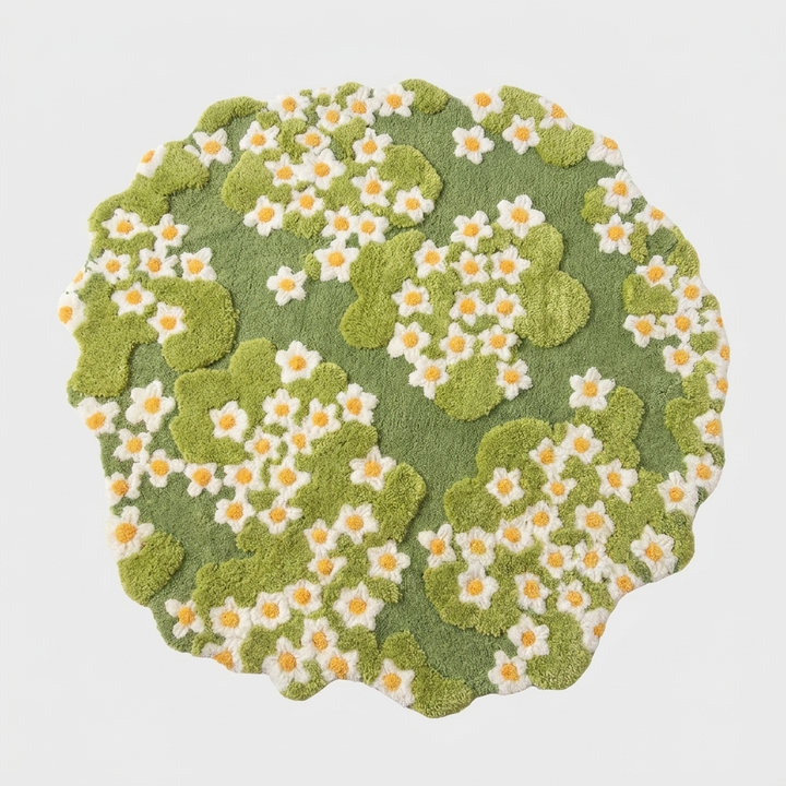 Handcrafted daisy floral mat, nature-inspired design. A decorative, pet-friendly area rug for modern home styling.