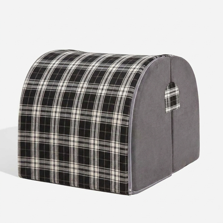 Plaid house dog bed providing a cozy retreat for small, medium & large dogs. Washable & supportive pet bed.