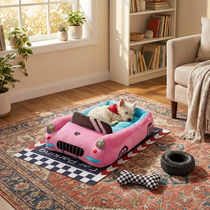 Yellow race car bolster pet bed for small to medium dogs, offering comfy support and a fun interactive design.