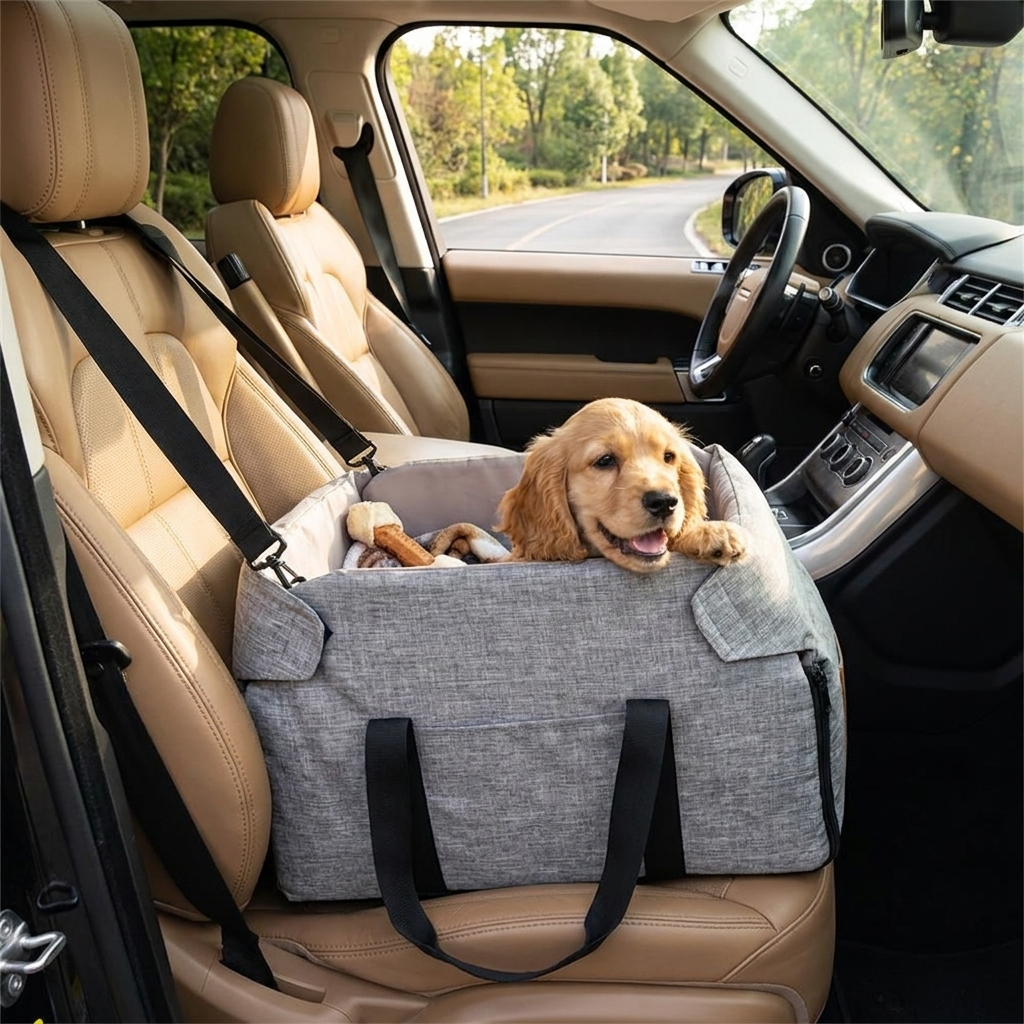 Non-slip detachable contrast color pet car seat bed for cats & dogs, providing safe, cozy travel in Oxford fabric.