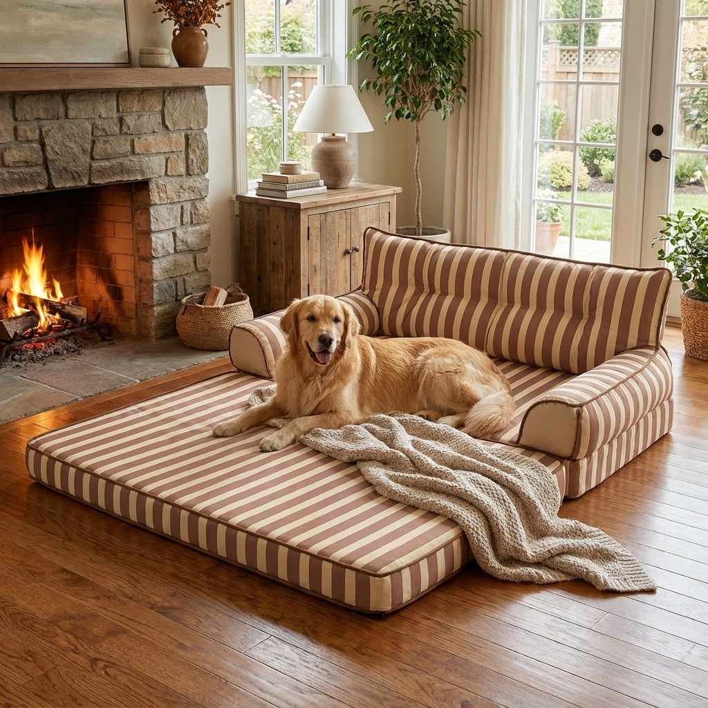 Trendy striped dog sofa bed, water-resistant & foldable. Stylish pet furniture for dog comfort & joint support.