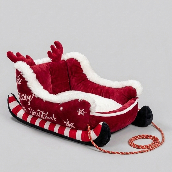 Plush brown & red dog bed, shaped like a festive sleigh, offers cozy comfort for your pet. Warm holiday pet bed.