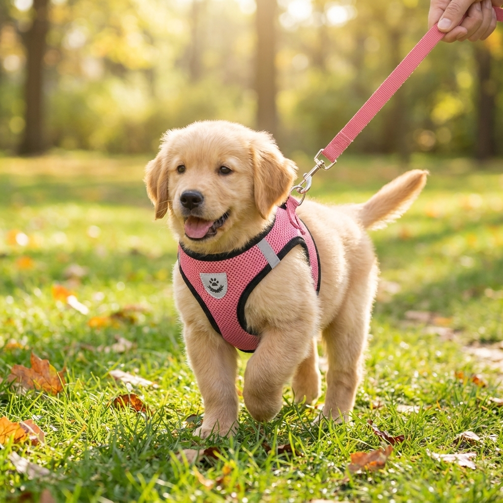 Breathable mesh dog harness and leash set for comfortable walks.