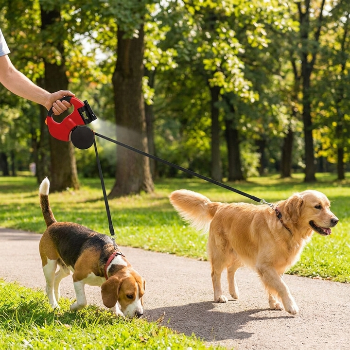 Retractable dual dog leash with LED light ensures tangle-free, safe walks for two pets. Perfect outdoor walking accessory.