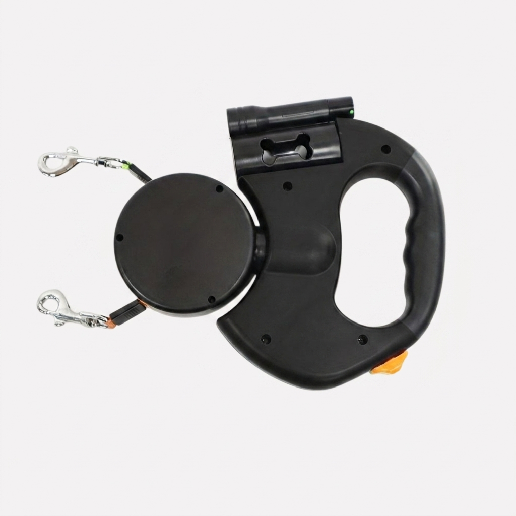 LED retractable dual dog leash for secure night walks. Tangle-free control for two pets, enhancing safety & enjoyment.