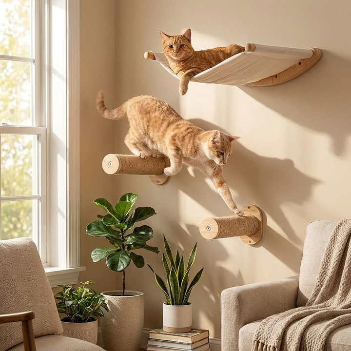 Wall-mounted cat shelves with scratching jute post & comfortable hammock. Space-saving cat furniture for play & rest.