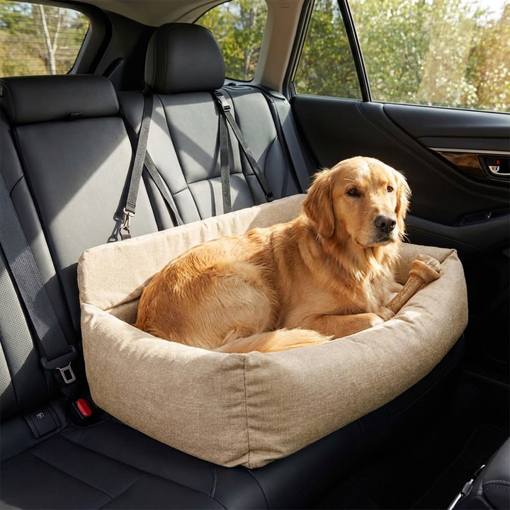 Dog car back seat bed for safe & comfortable pet travel. Washable & durable car seat with bolster for large dogs.