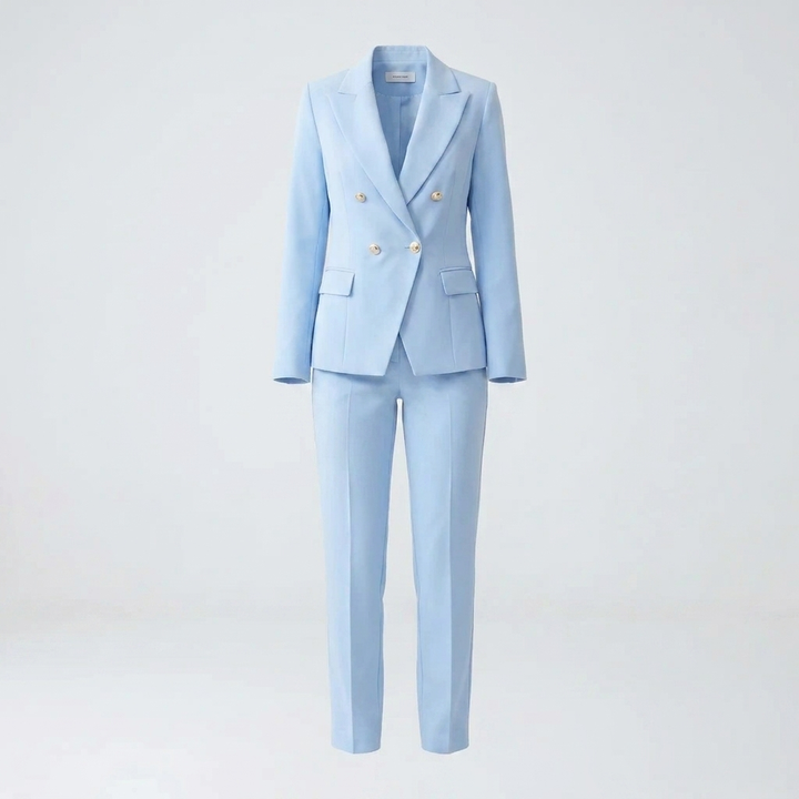 Elegant women's trouser suit featuring a double-breasted blazer & straight-leg pants. Essential formal office wear.