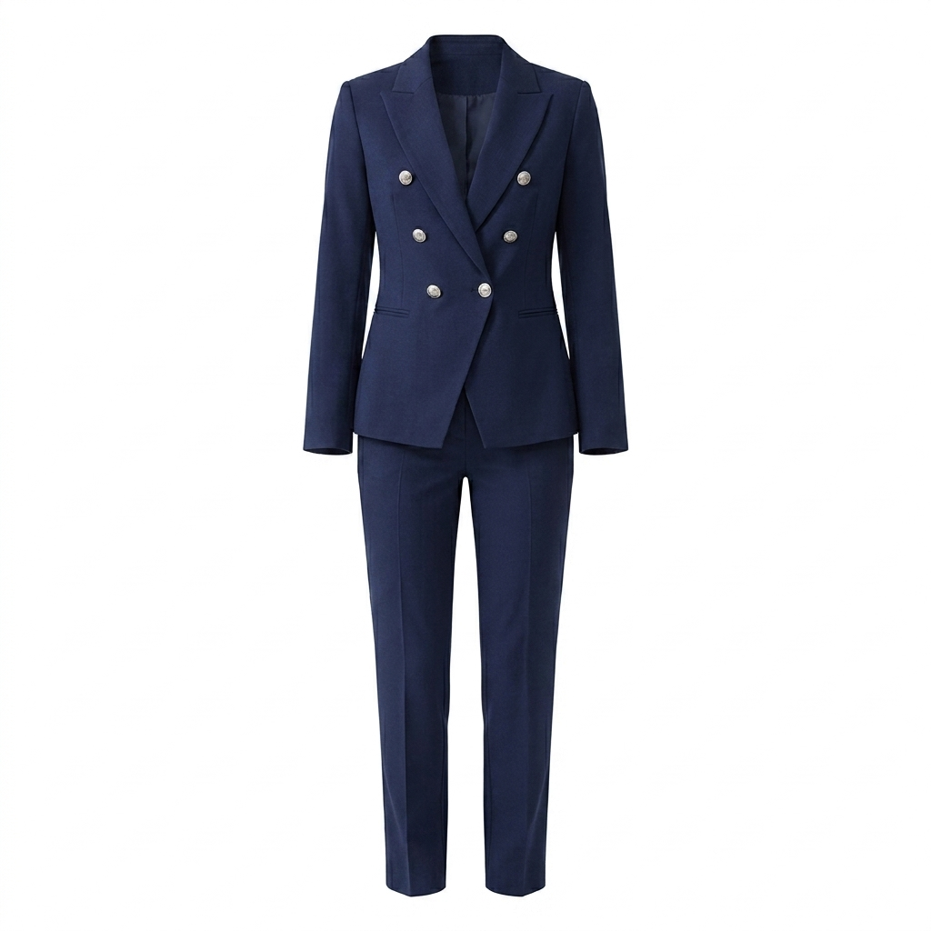Classic women's professional suit set, including a double-breasted blazer & sleek straight-leg trousers for work.