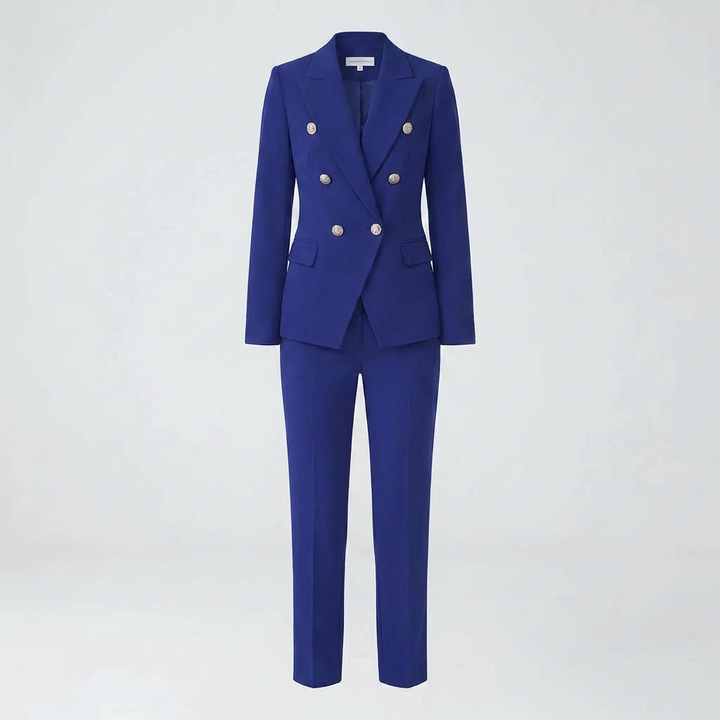 Professional women's formal wear: double-breasted blazer and straight-leg trousers. A versatile business outfit.