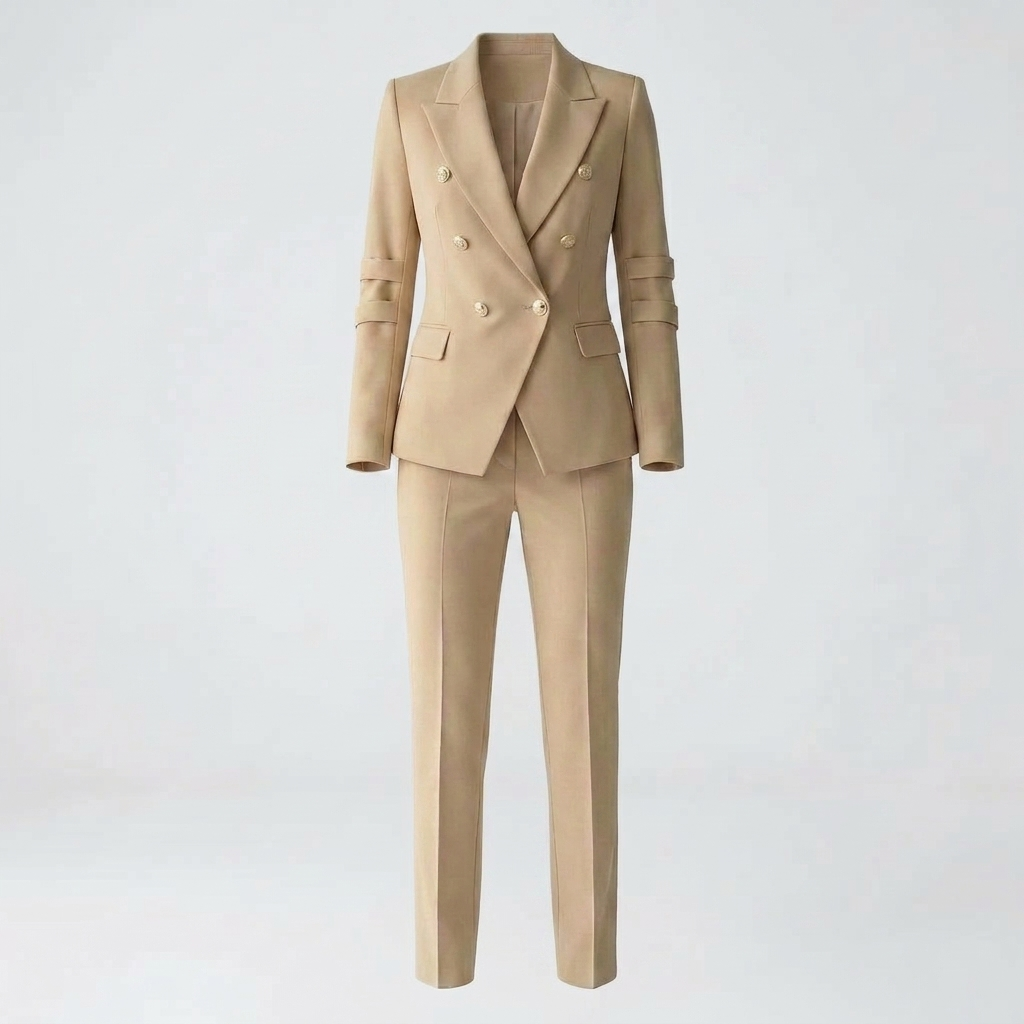 Modern women's tailored business suit. Features a sophisticated blazer & straight-leg trousers for office fashion.