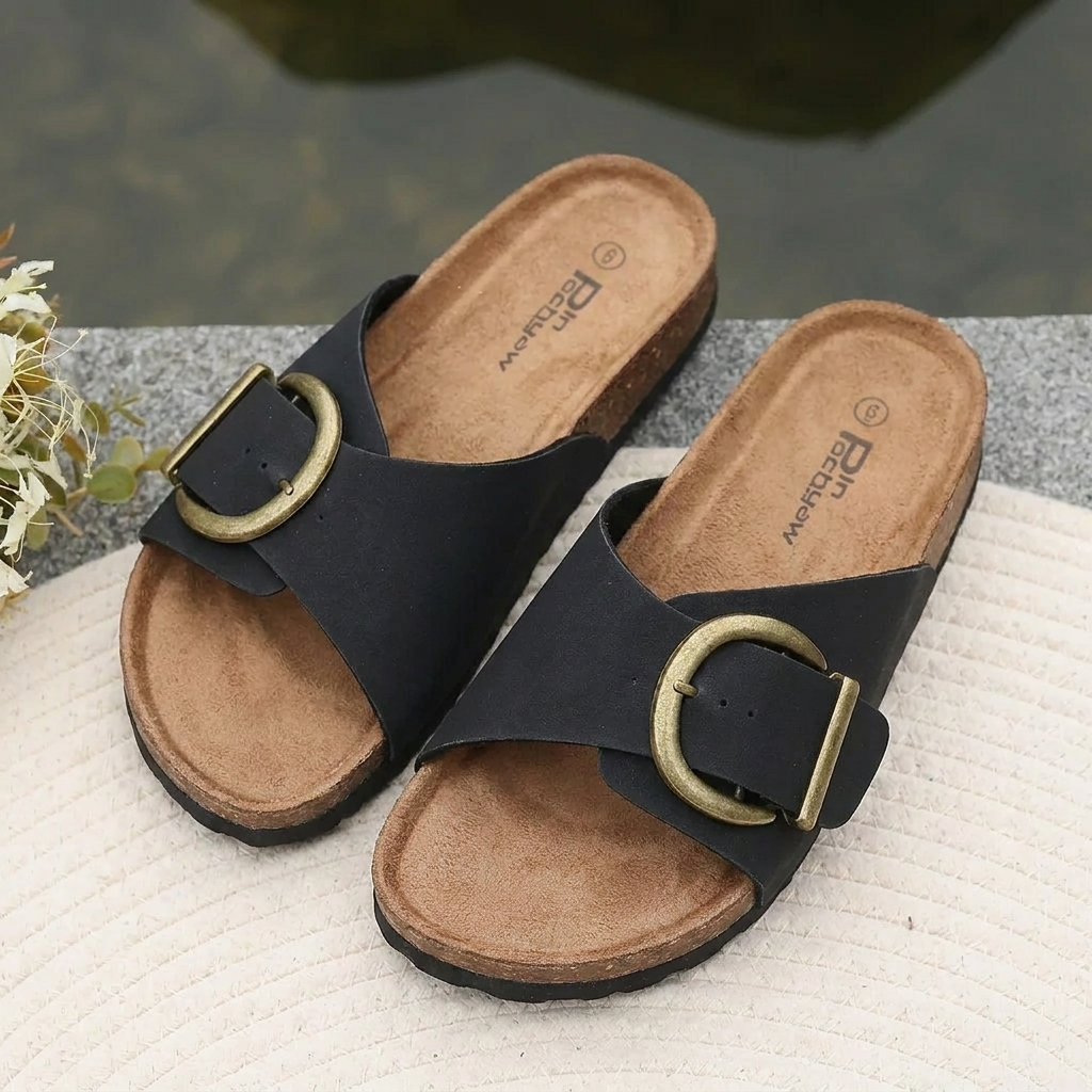 Stylish women's slip-on flat sandals with an open toe and bold buckle detail, ideal for warm weather.