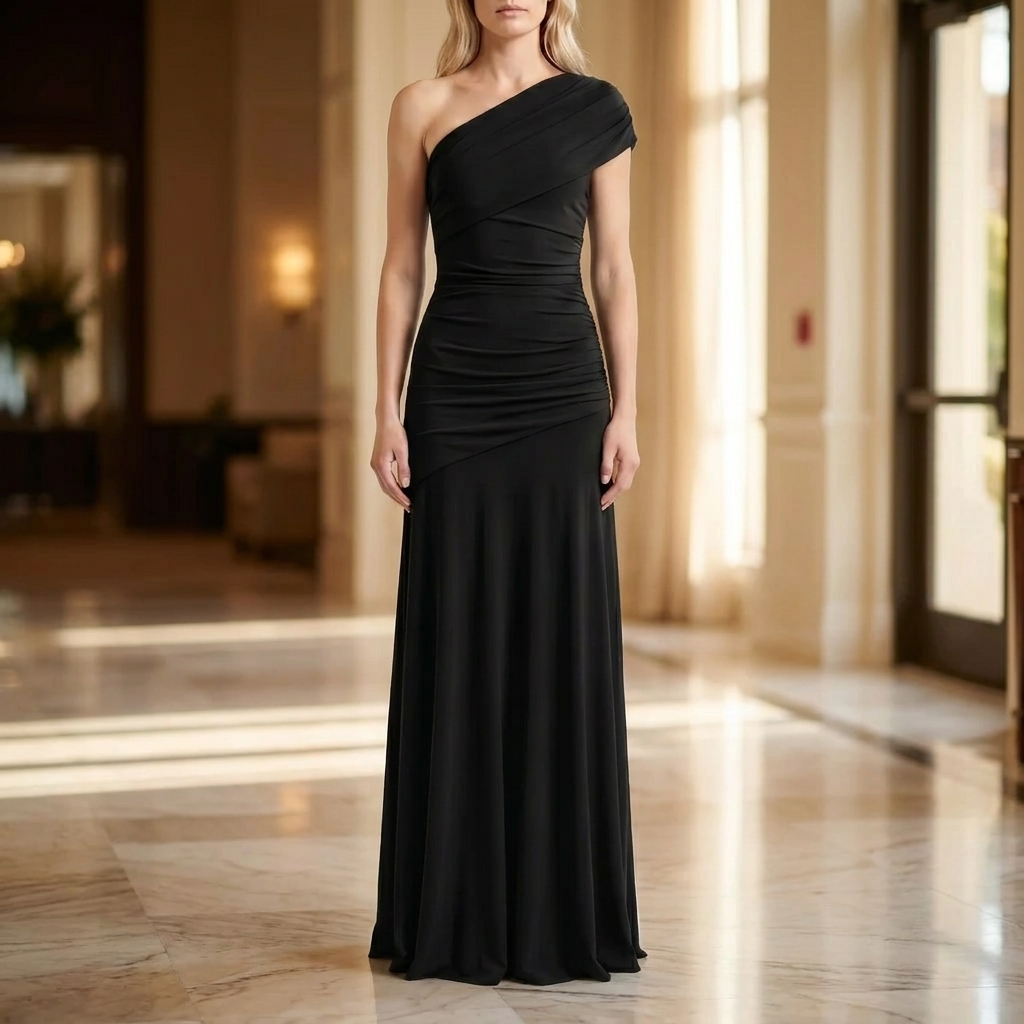 Elegant women's asymmetric one-shoulder maxi dress, perfect for evening wear & special occasions.