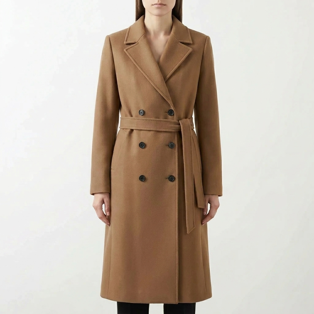 Tailored women's long coat, double-breasted and belted, offering classic style for fall and winter outerwear.