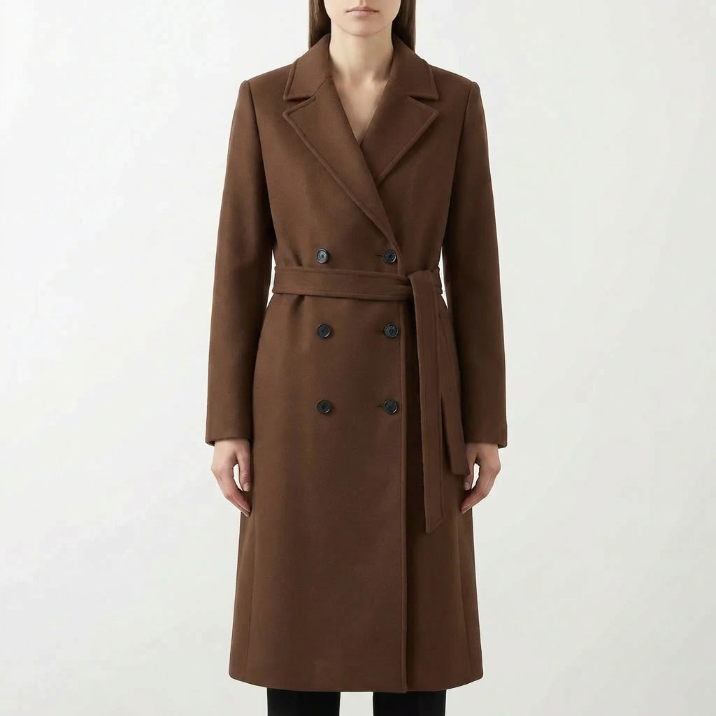 Sophisticated women's double-breasted long outerwear. A belted, tailored coat for fall & winter elegance.