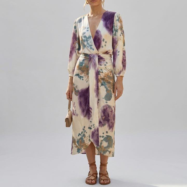 Boho-chic women's tie-dye V-neck wrap dress with a tie waist and long sleeves, ideal for spring/summer occasions.