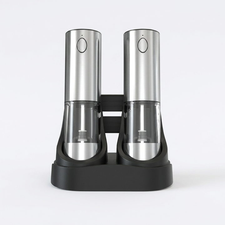 Modern electric salt and pepper grinder set. Battery-powered, adjustable spice mills for versatile kitchen seasoning.