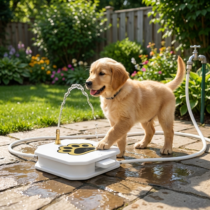 Paw-activated outdoor dog water fountain provides fresh, instant pet hydration. Perfect for backyard play & summer pet gear.