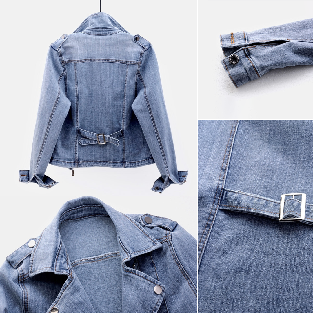 Stylish women's light blue denim jacket, perfect casual outerwear for a versatile, all-season fashion look.