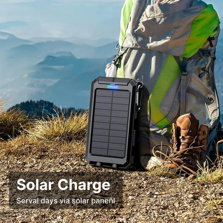 "High-capacity waterproof dual USB solar charger with LED lights; 500,000mAh power bank; compact; for outdoor use."