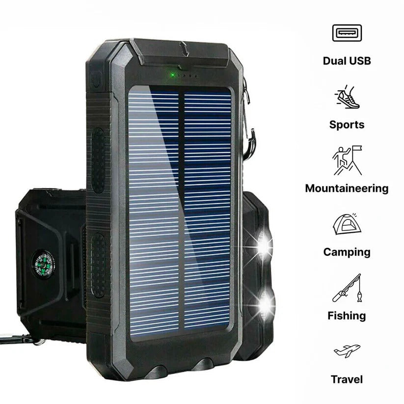 "High-capacity waterproof dual USB solar charger with LED lights; 500,000mAh power bank; compact; for outdoor use."