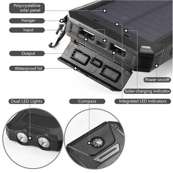 "High-capacity waterproof dual USB solar charger with LED lights; 500,000mAh power bank; compact; for outdoor use."