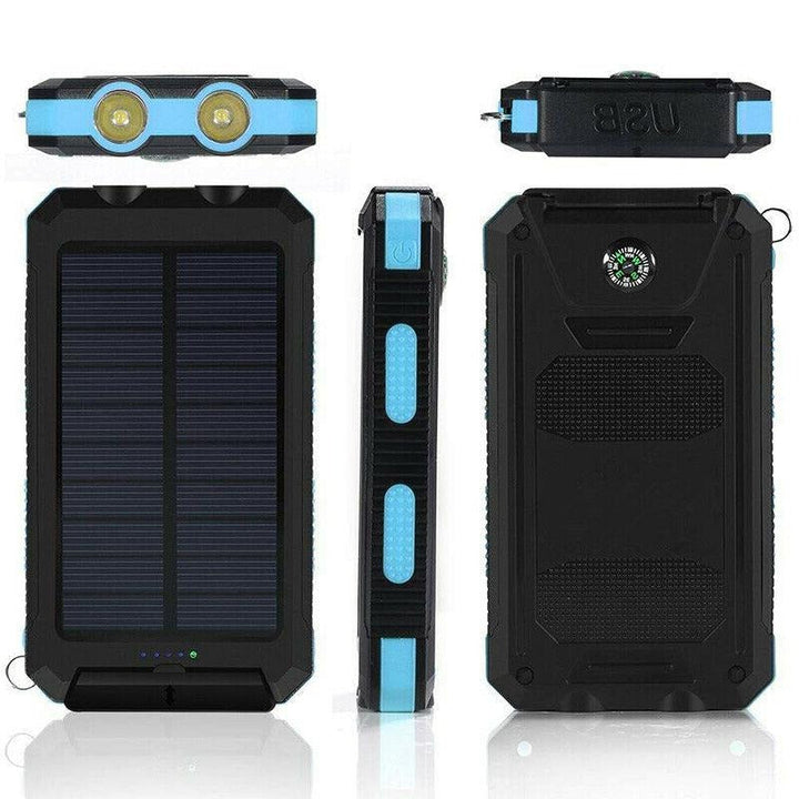 "High-capacity waterproof dual USB solar charger with LED lights; 500,000mAh power bank; compact; for outdoor use."