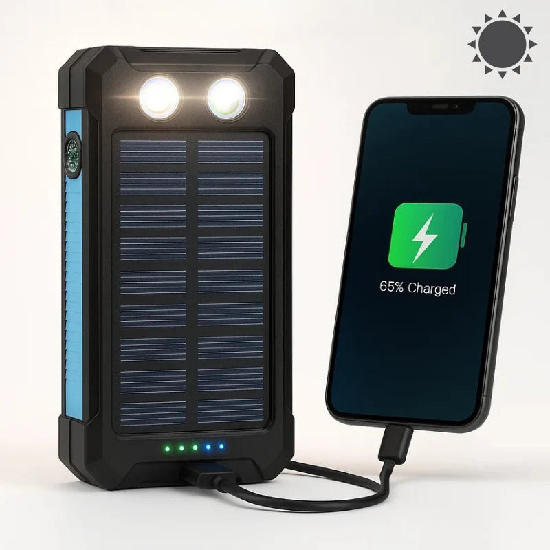 "High-capacity waterproof dual USB solar charger with LED lights; 500,000mAh power bank; compact; for outdoor use."