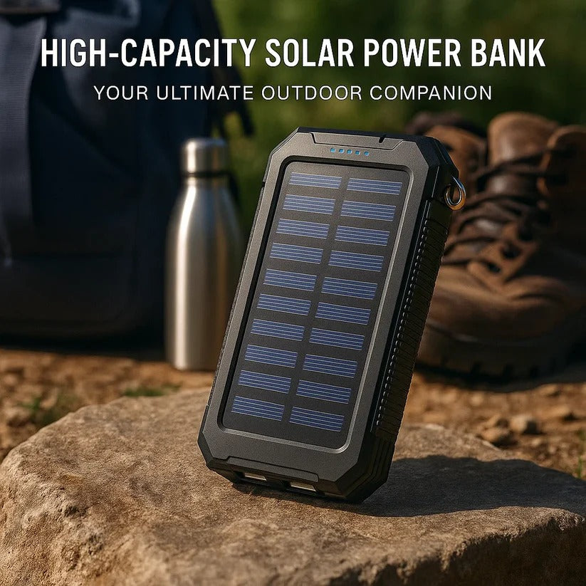 "High-capacity waterproof dual USB solar charger with LED lights; 500,000mAh power bank; compact; for outdoor use."